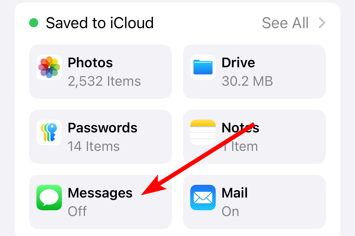 The "Messages" option in the iCloud settings screen on iPhone.