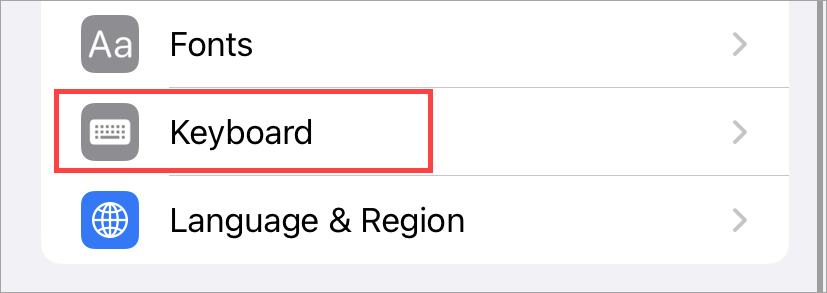 Keyboard in iPhone settings.