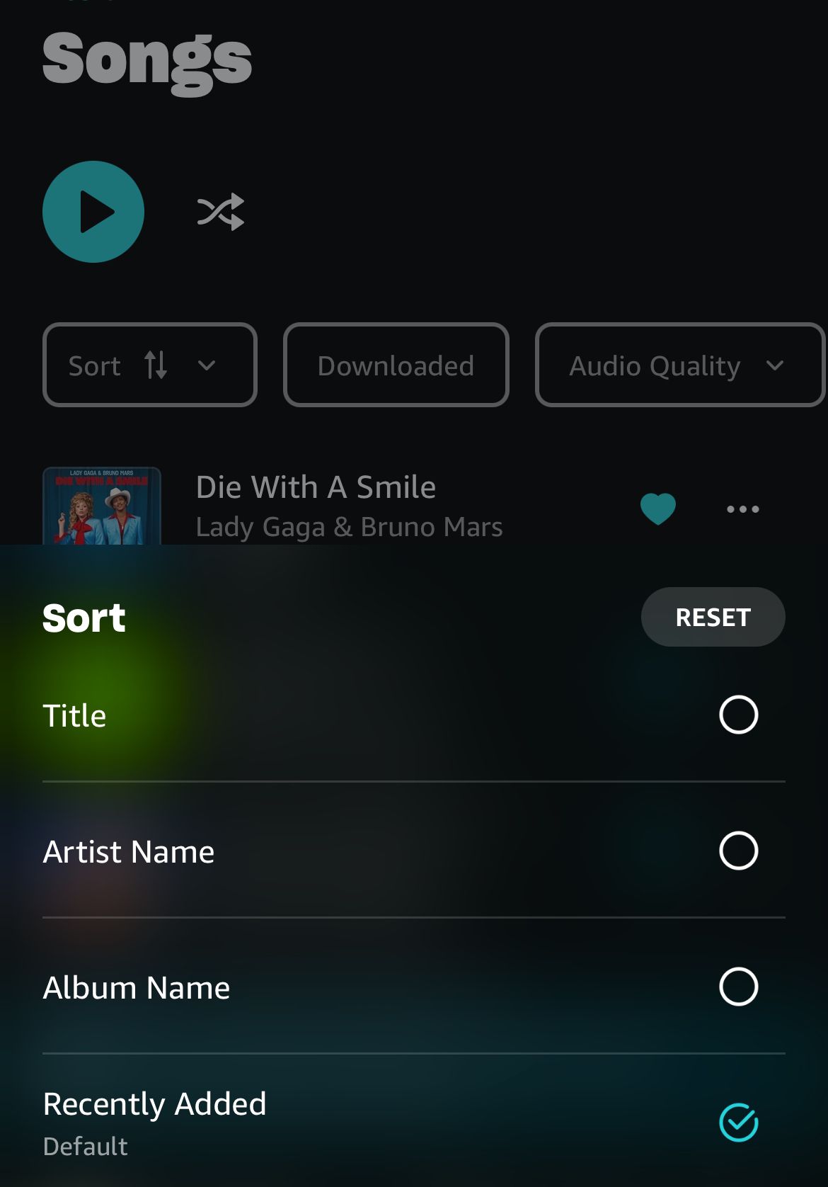 Sorting songs on Amazon Music Unlimited.