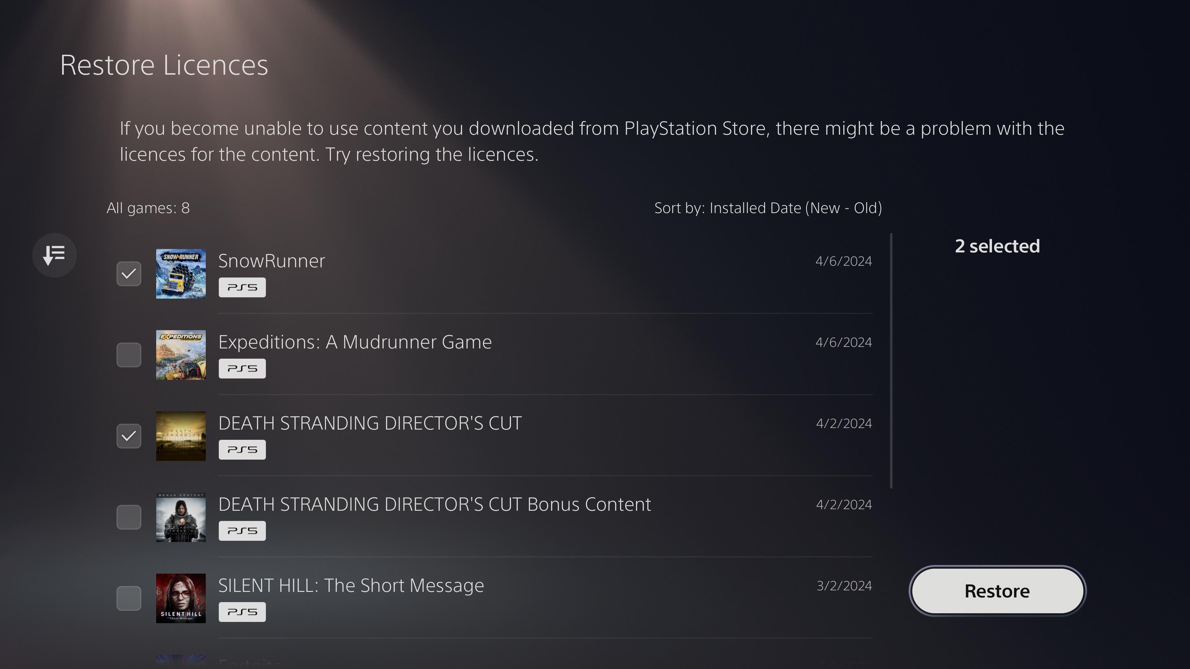 Restoring licenses on PS5 for downloaded games.