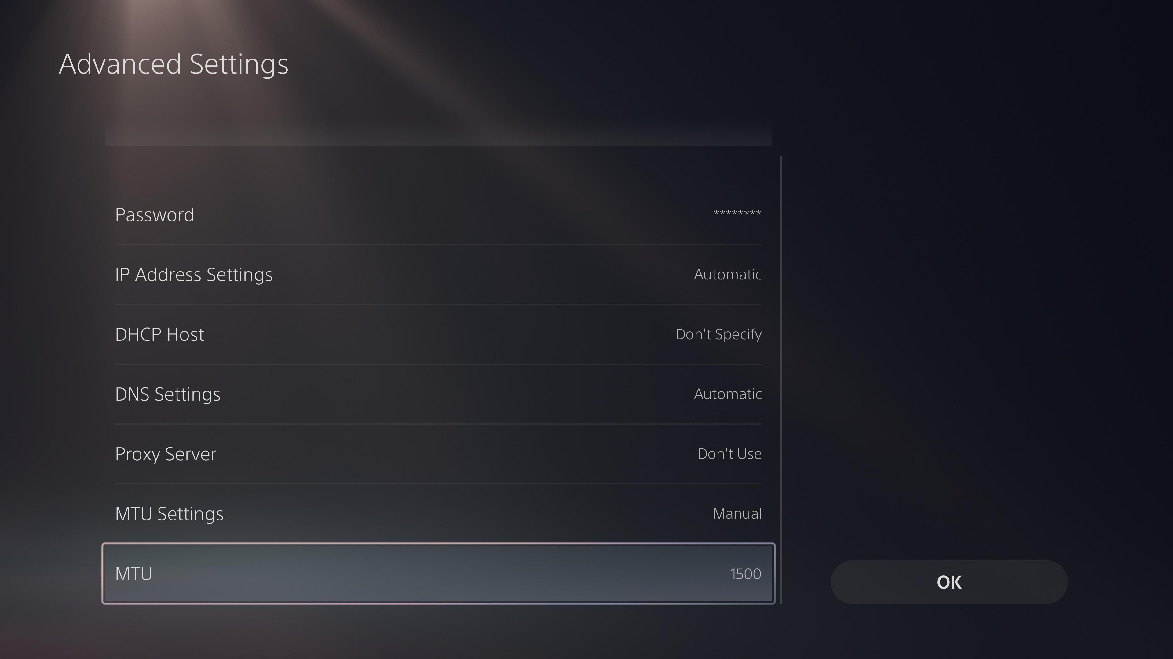 PS5 advanced network settings with MTU value listed.