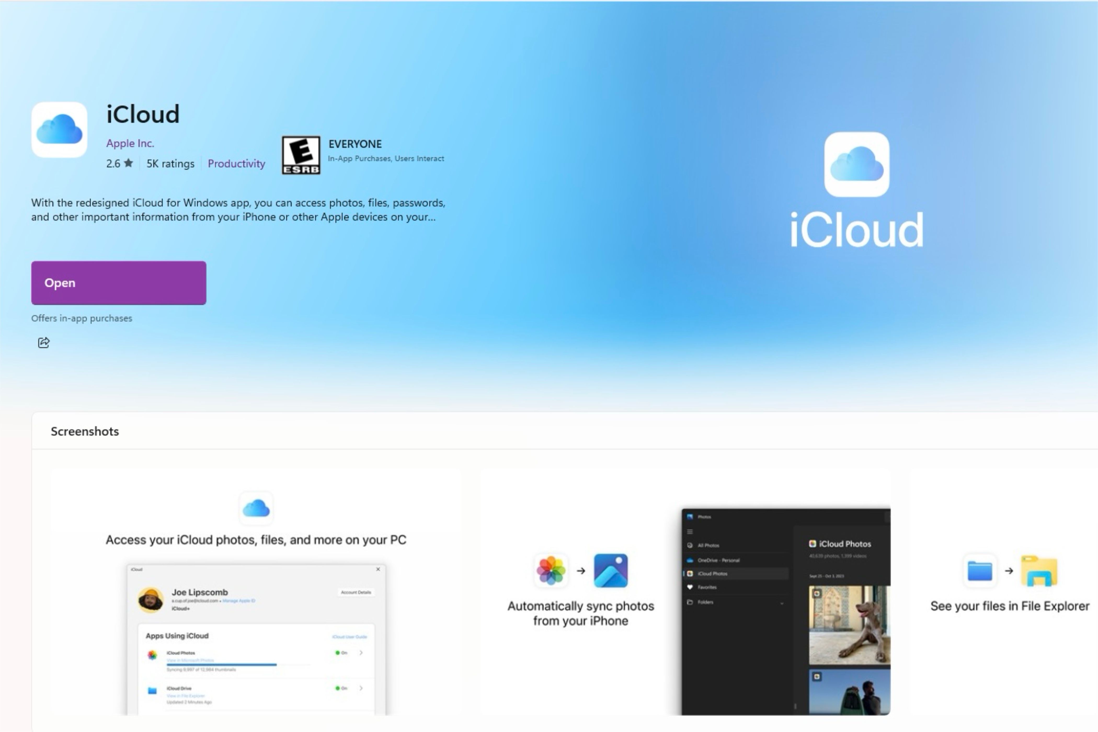 iCloud for Windows app on the Microsoft Store.