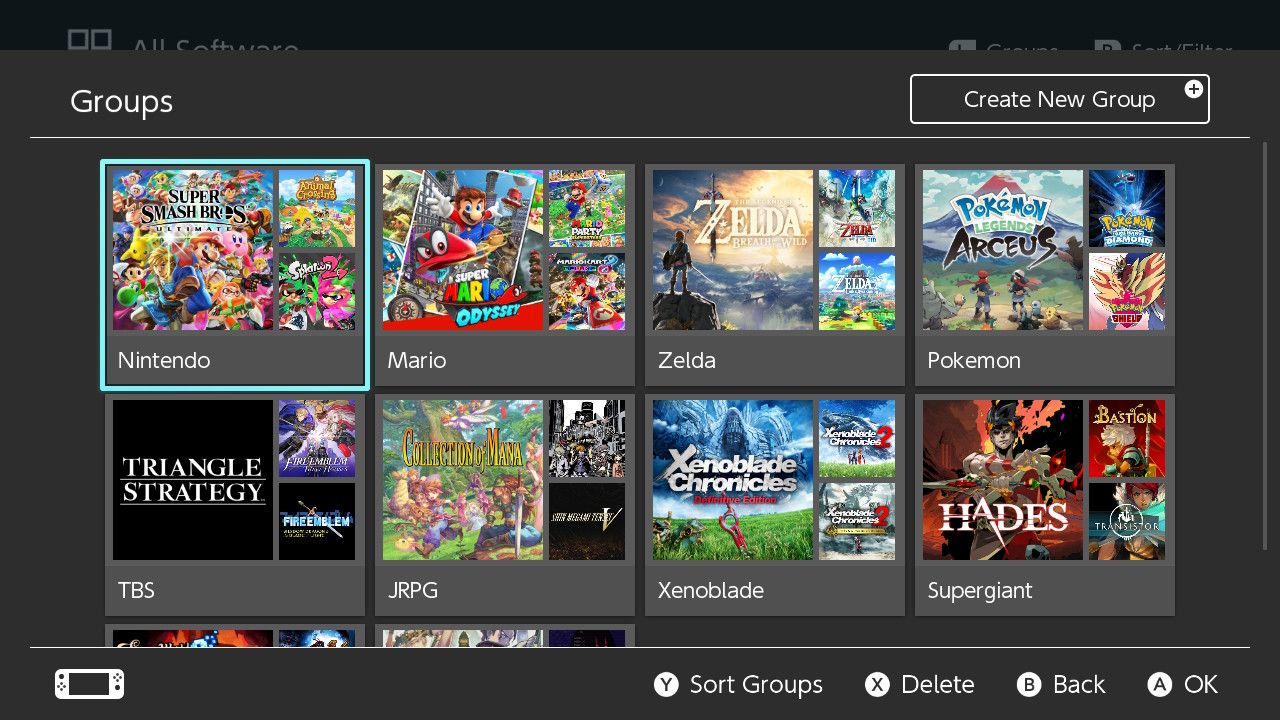 Folders on a Nintendo Switch.