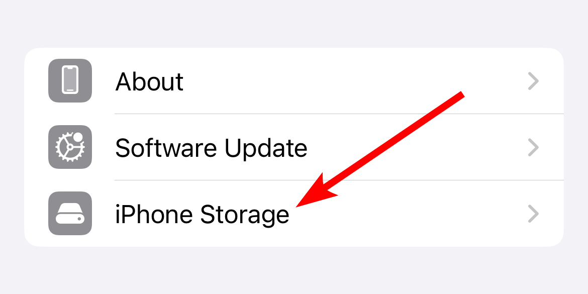 The "iPhone Storage" option in the Settings app on iPhone.