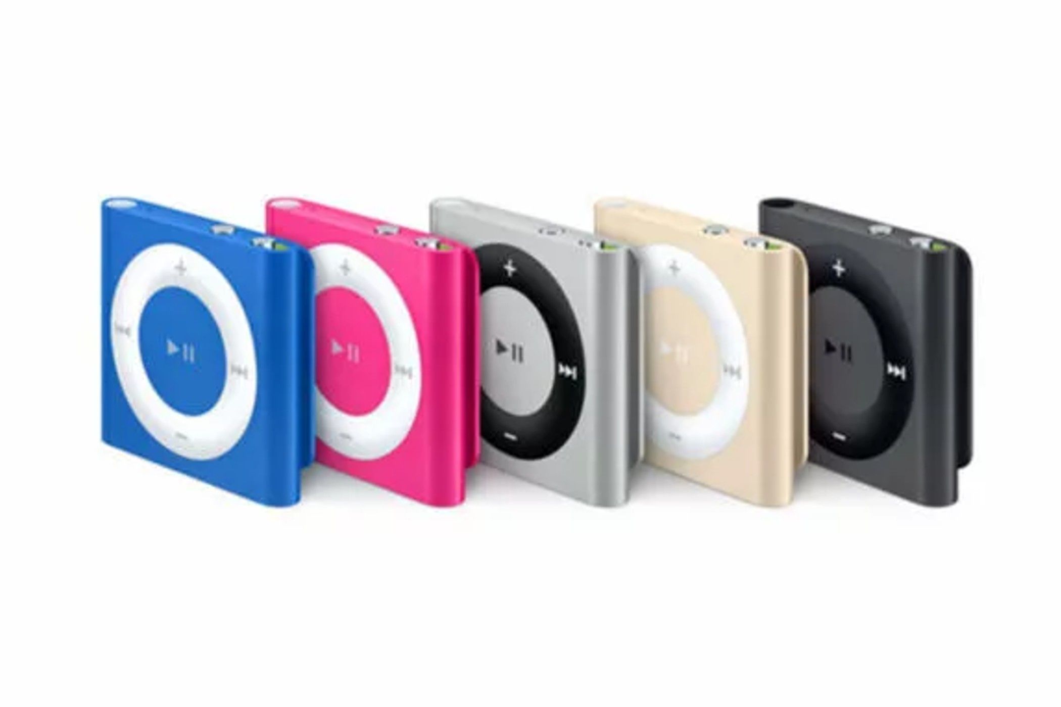 ipod shuffle devices in a row, from left to right is blue, pink, silver, gold, and black