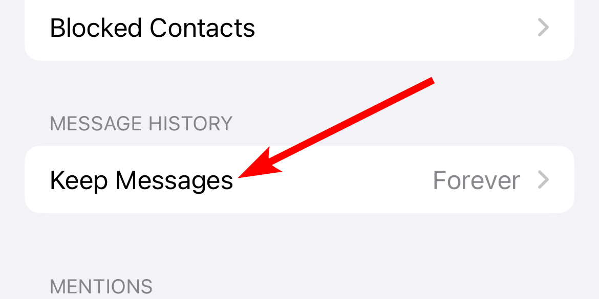 The "Keep Messages" option in the Settings app on iPhone.