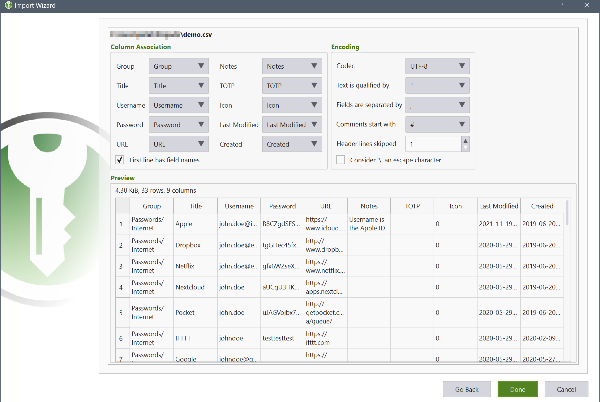 The KeePassXC interface