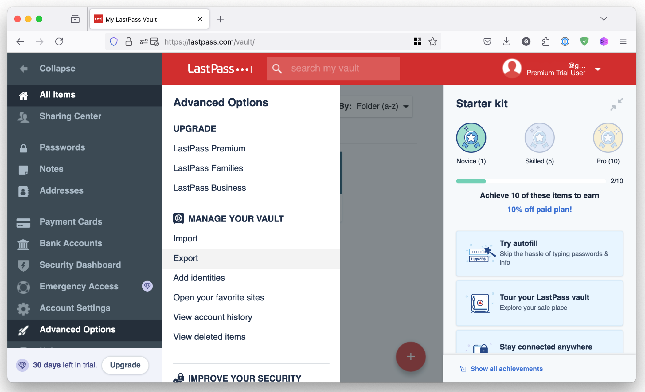 The Export option in the LastPass menu.