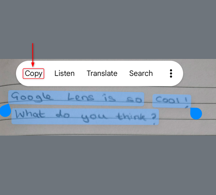 Handwritten note being searched and copied on Google Lens 