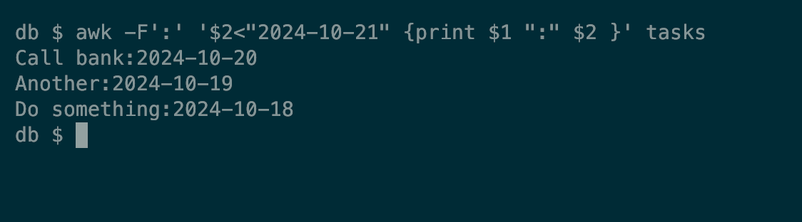 Output from a Linux awk command shows records from a data file before a certain date.