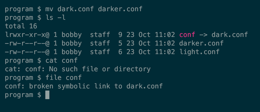 A terminal showing the effects of a broken symbolic link.