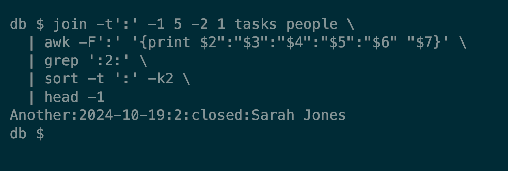 A pipeline of linux commands emulating a complicated SQL database query.