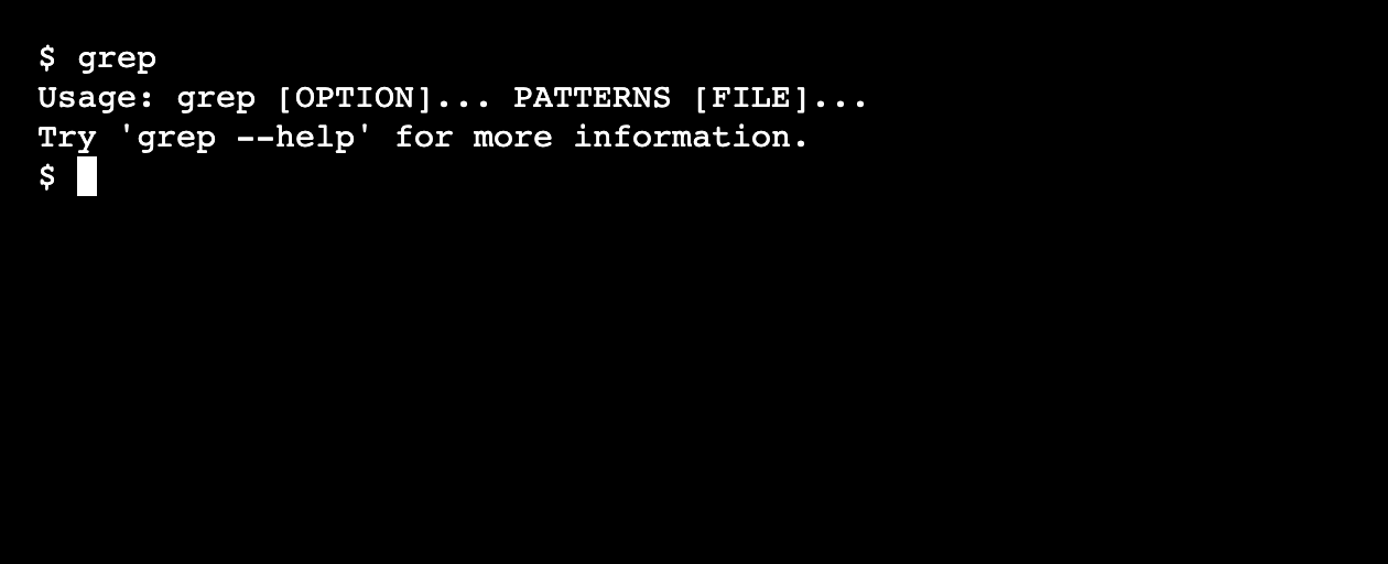 The linux grep command showing its usage.