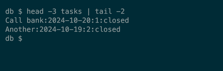 The linux head command piped to the tail command to extract a slice of rows from a file.