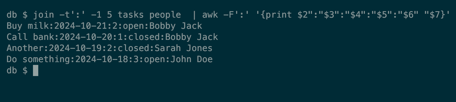 A linux join command piped to the awk command to clean up the output. 