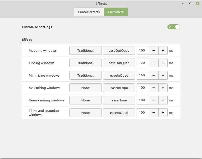 Customize effects in Linux Mint