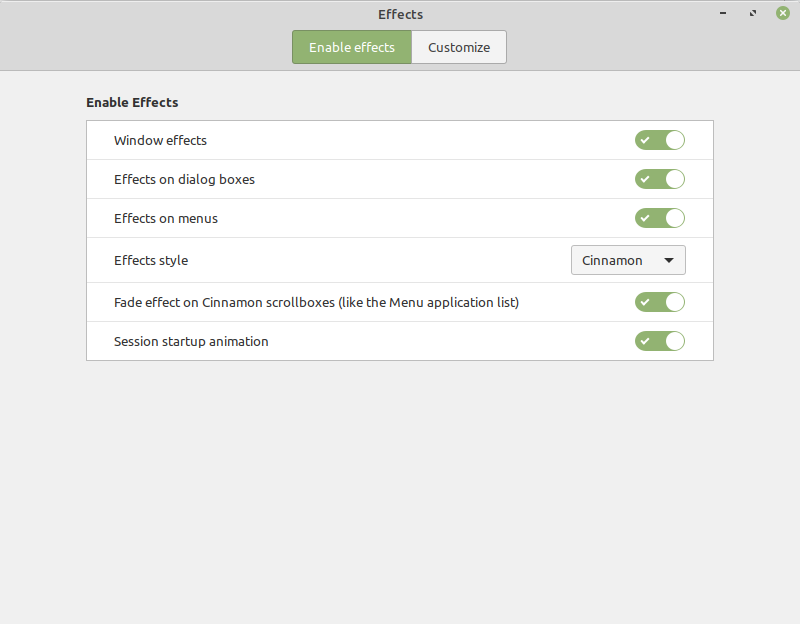 Linux Mint Effects menu