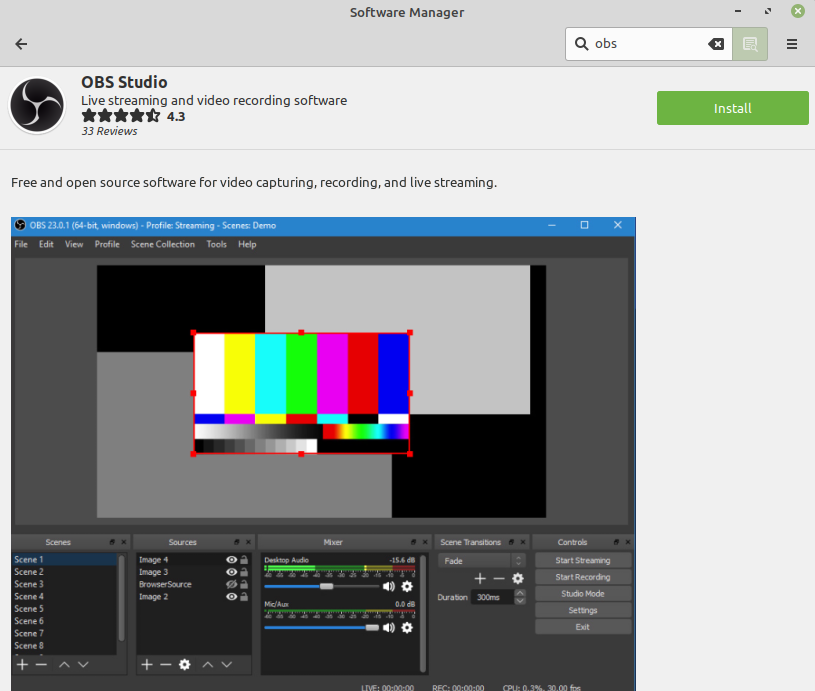 Linux Mint OBS Studio install button