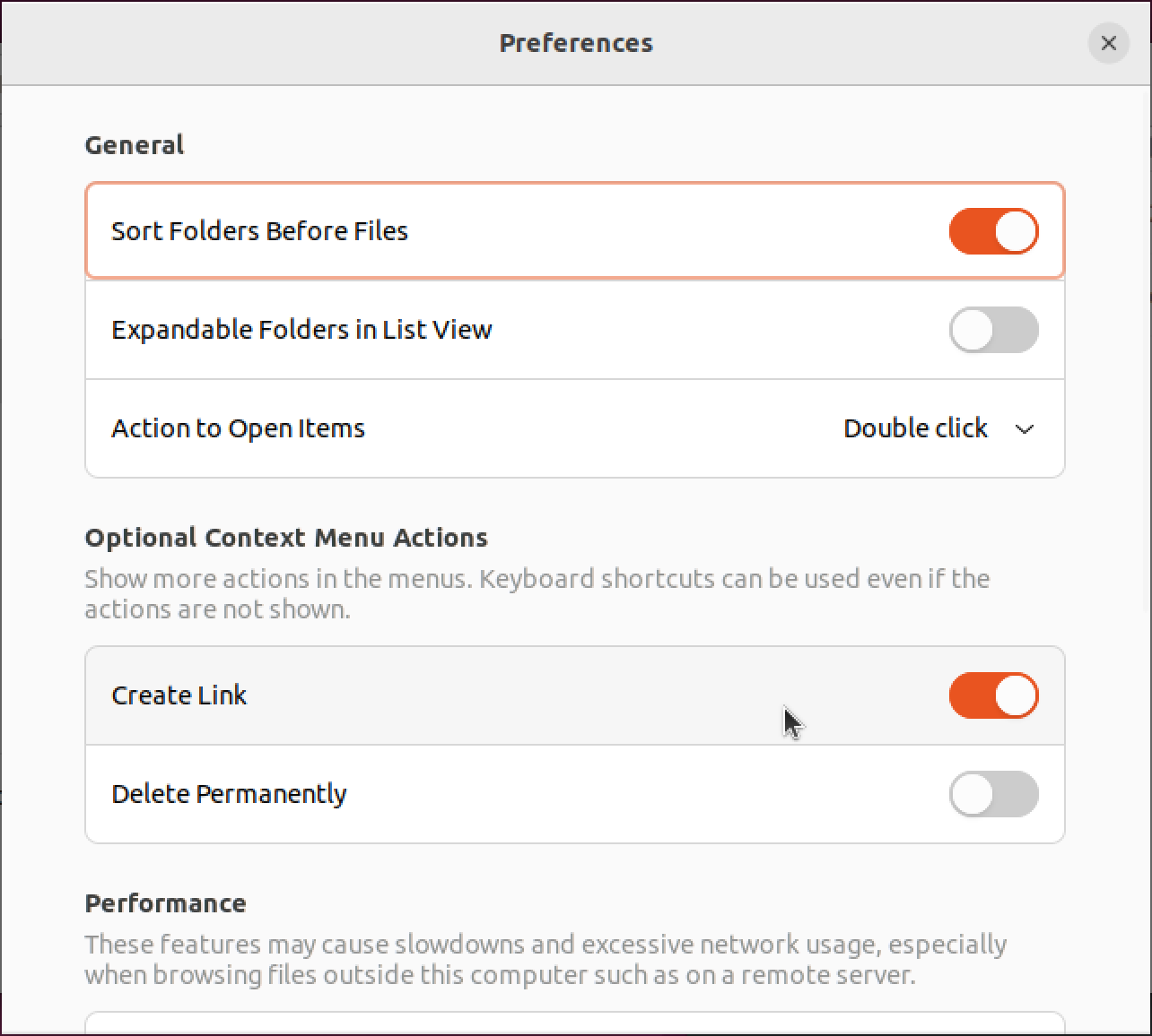 Enabling the Create Link setting in the Nautilus file manager on Linux.