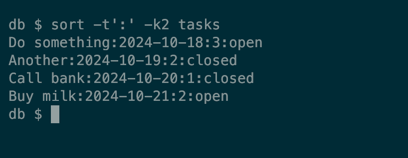 The output from a Linux sort command showing a data file sorted by date.