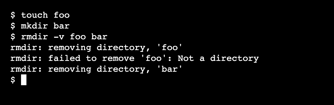 The linux rmdir command with the -v option and two parameters.