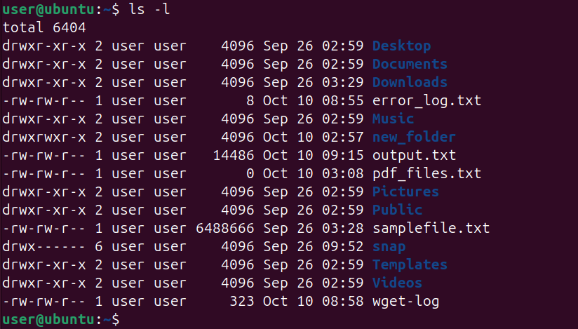 Listing files and directories in terminal in long format.