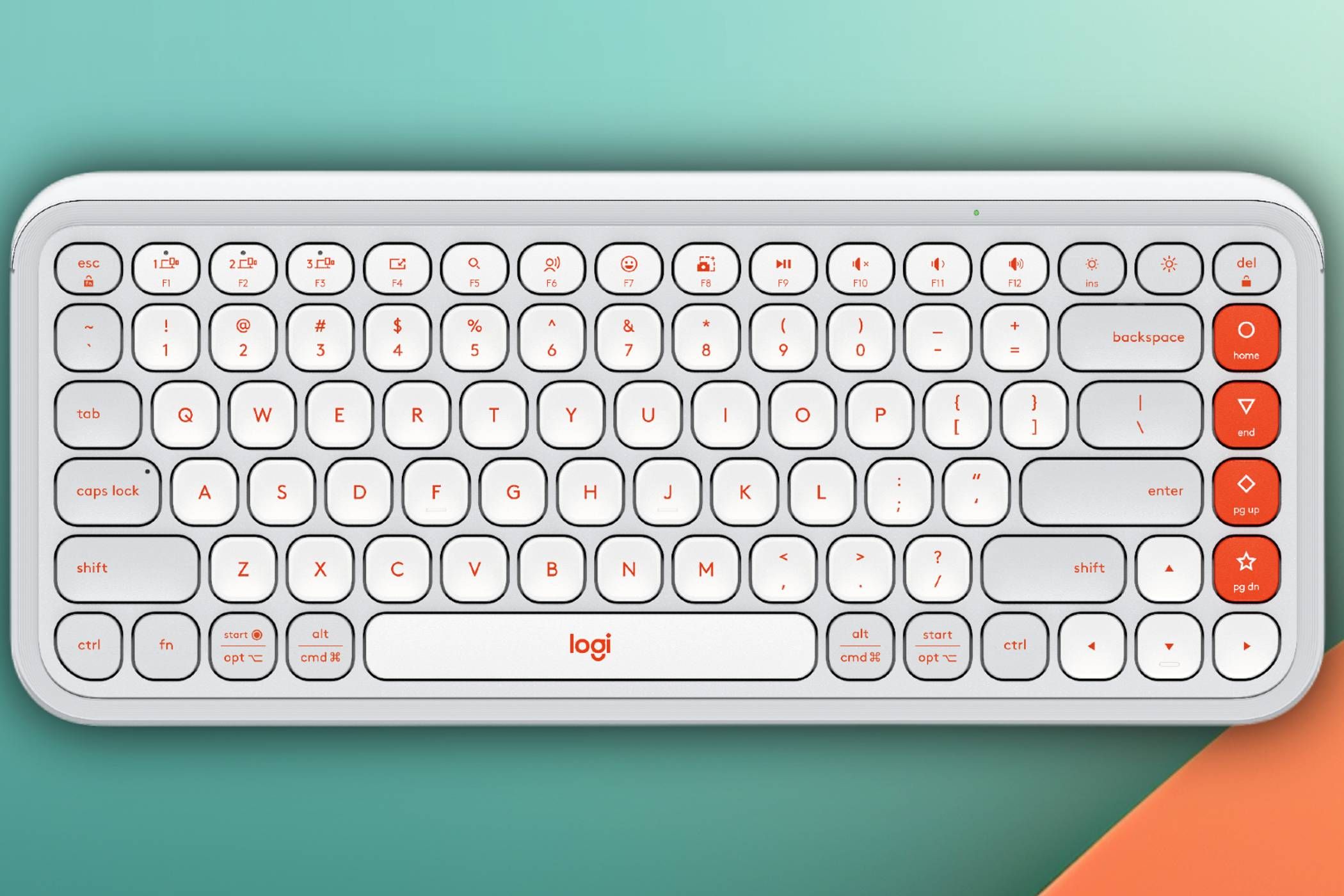 Logitech POP Icon keys on a green and orange background