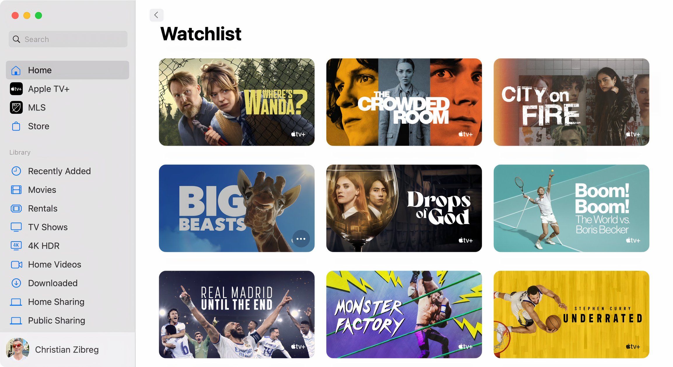 Apple's TV app displaying the Watchlist section in the Home tab.