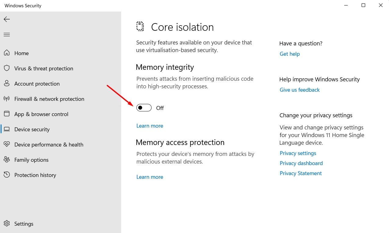 Memory Integrity toggle in the Windows Security app.