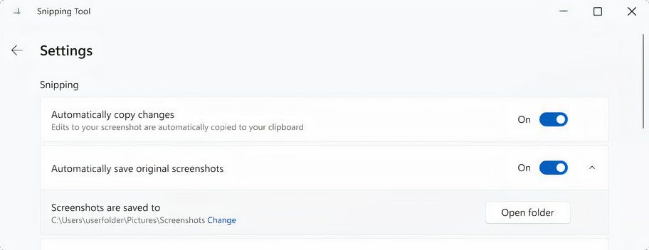 The settings screen in Snipping Tool on Windows.