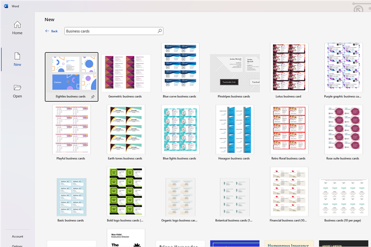 Microsoft Word's business card templates.