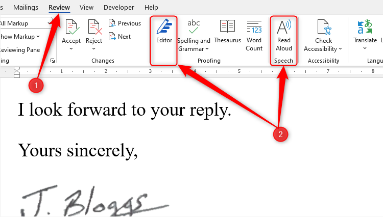 Microsoft Word's Editor and Read Aloud tools in the Review tab on the ribbon are higlighted.