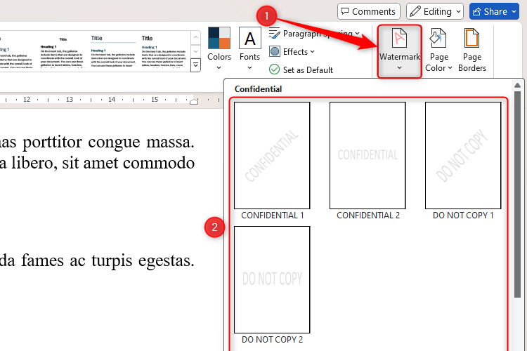 Microsoft Word's Watermark drop-down menu, with the different options displayed and highlighted.