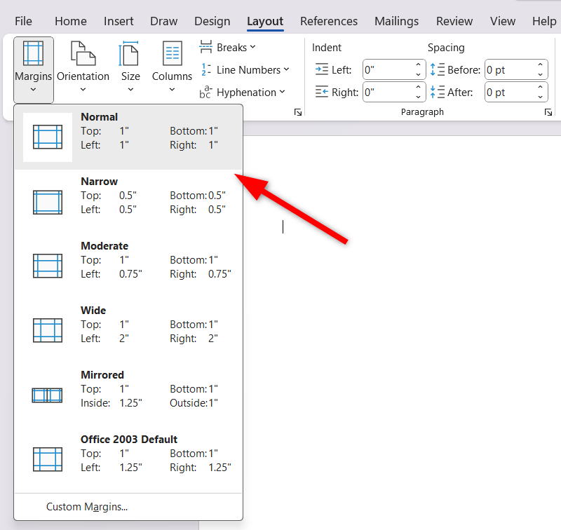 Modifying page margins of Word document.