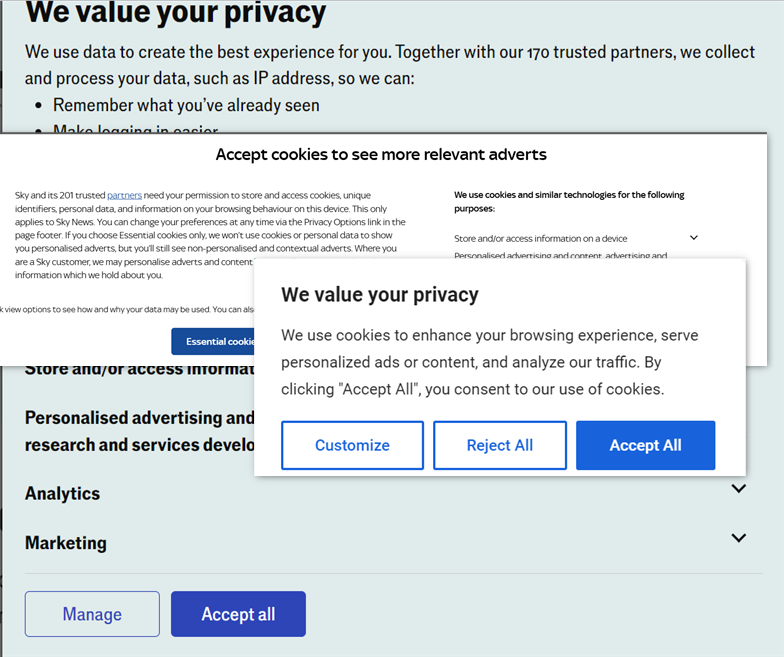 Multiple browser cookies dialog boxes