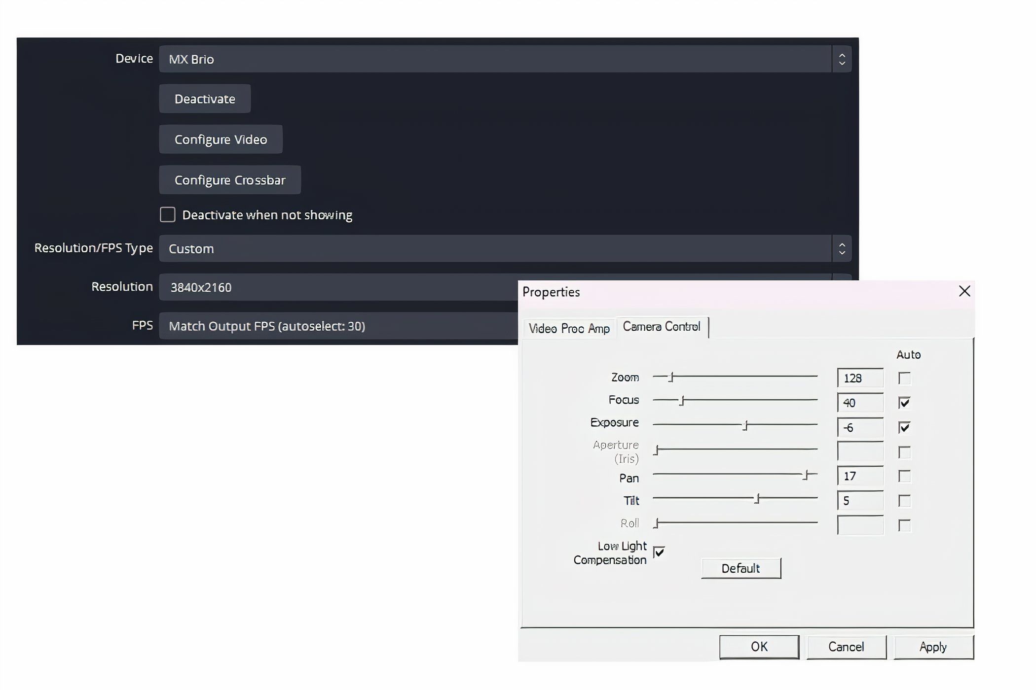 Screenshots of configuration screens for the MX Brio in OBS Studio