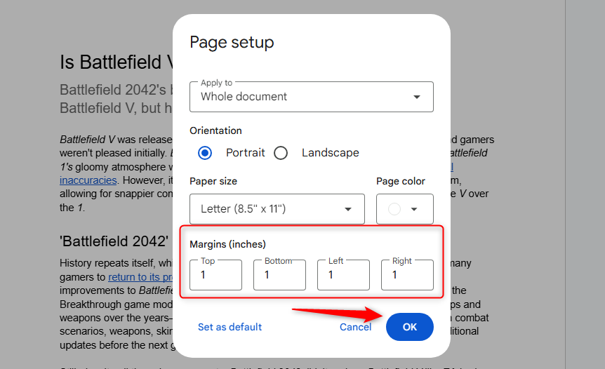 Adjusting margins to a document in Google Docs.