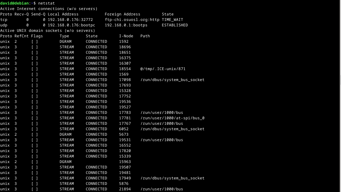 netstat output of Linux sockets in the Linux terminal.