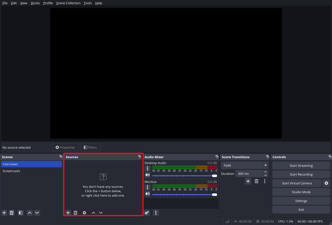 Selecting sources in OBS Studio