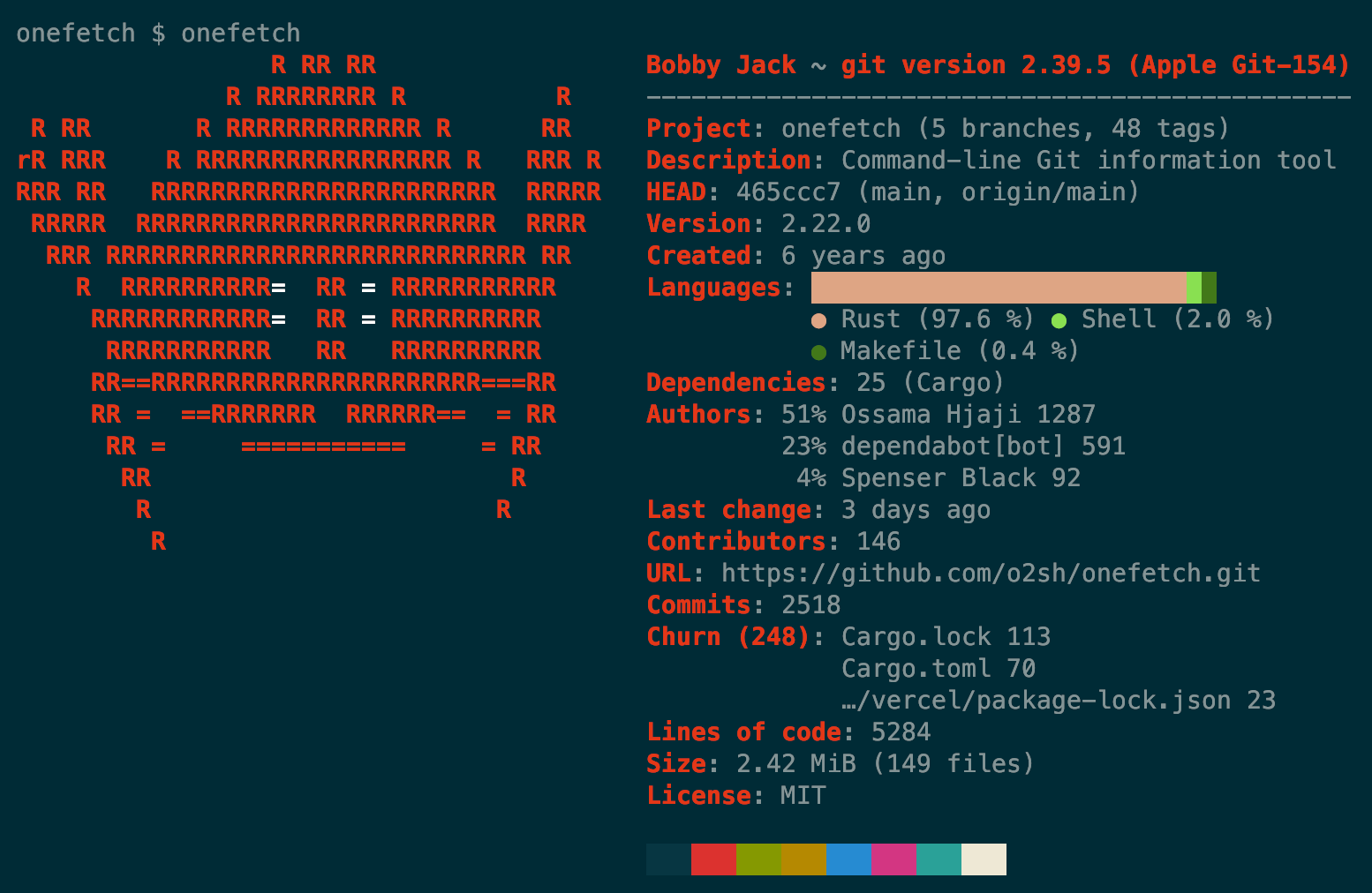 The onefetch program showing a summary of the onefetch git repository.