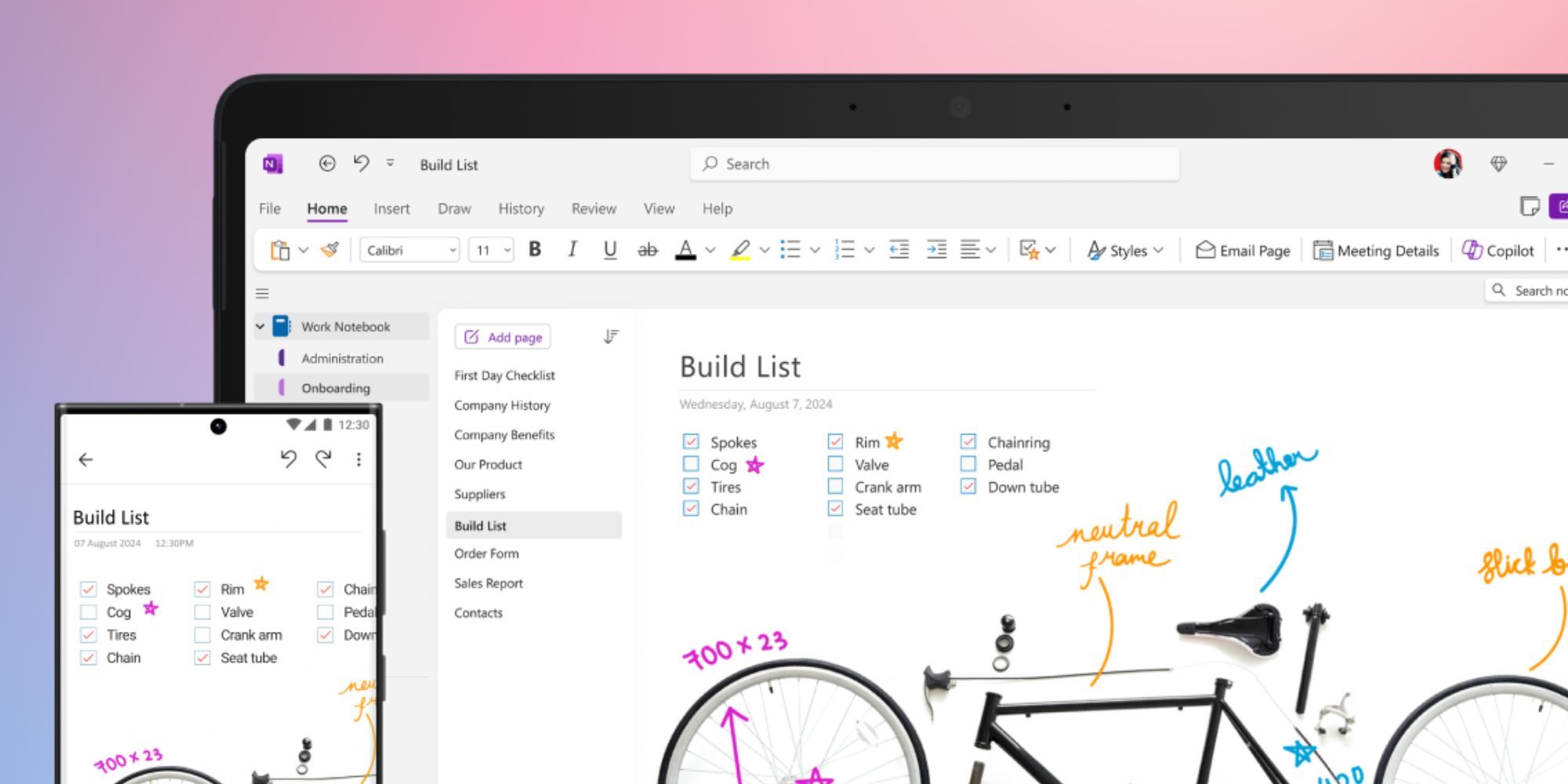 OneNote app on desktop and Android showing bike parts.