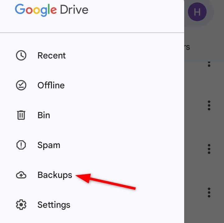 Opening 'Backups' option menu from Google Drive Android app.