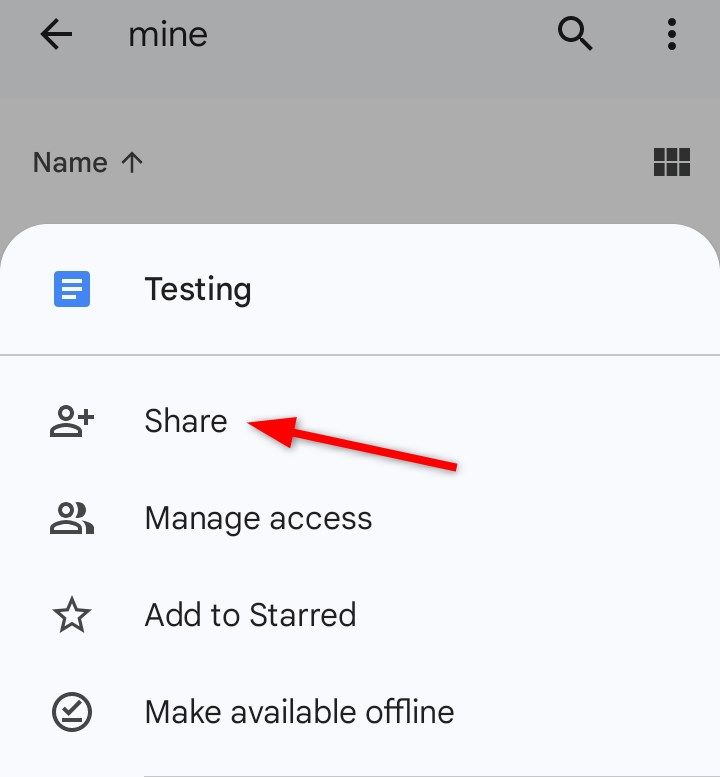 Opening 'Share' setting menu of the Google Drive mobile application.