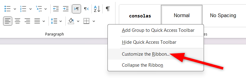 Opening the Customize Ribbon window.