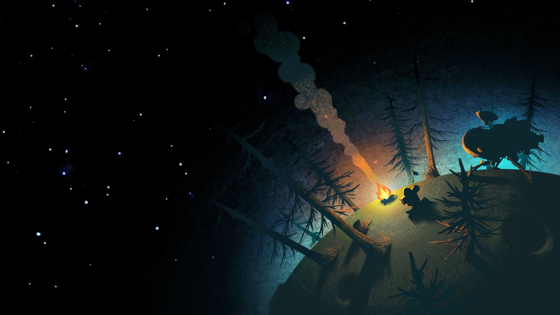 A campfire on the surface of a planet in Outer Wilds.