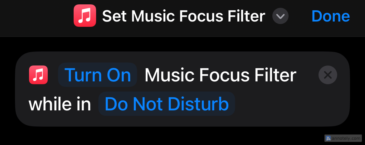 The Set Music Focus Filter shortcut.