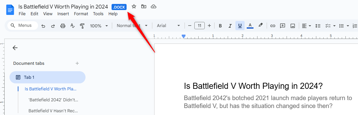 The DOCX icon next to a document title in Google Docs.