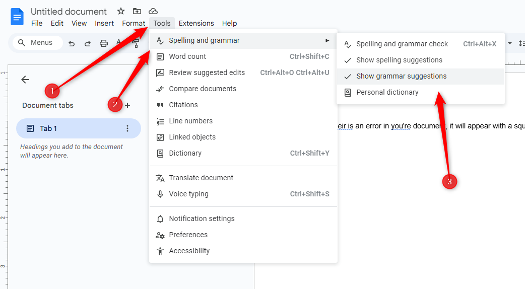 The Spelling and Grammar menu in Google Docs.