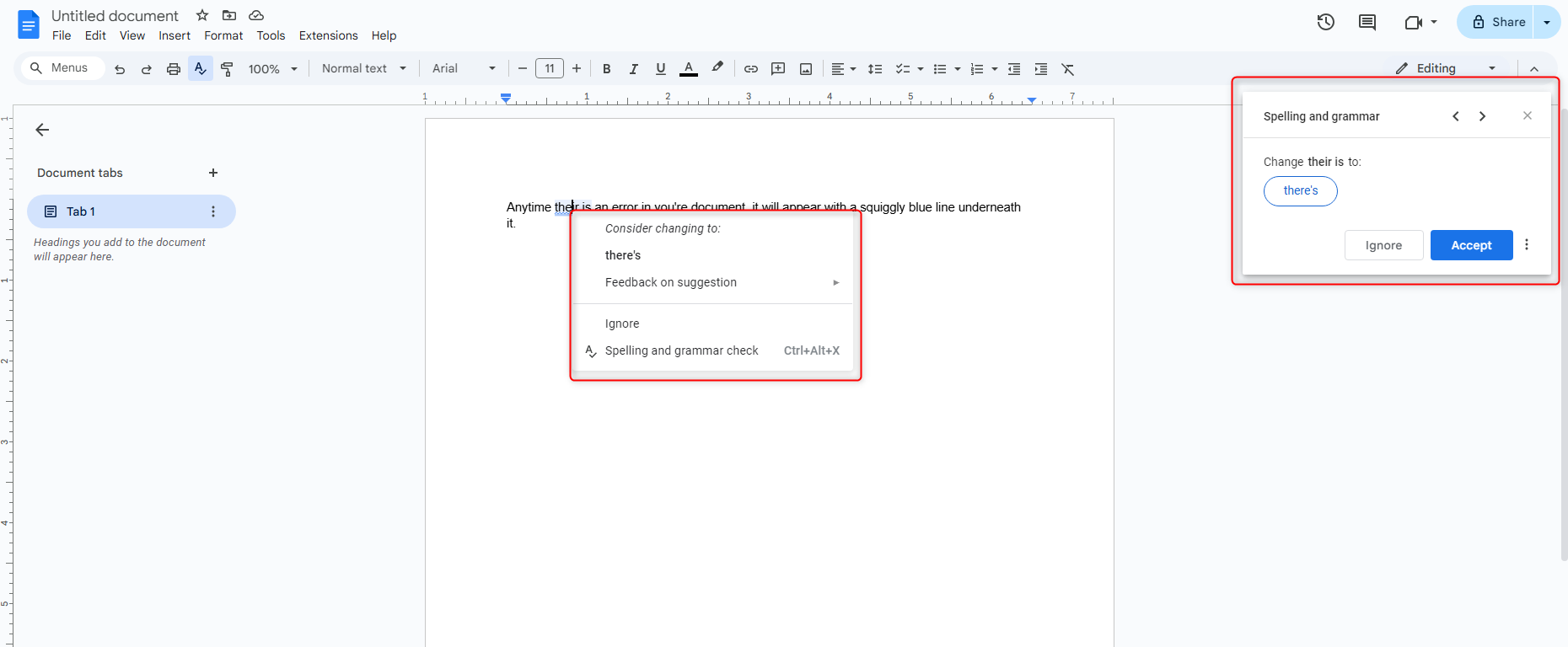 Spell checker opened in Google Docs.