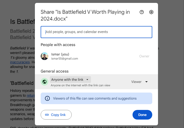 The Share menu in Google Docs.